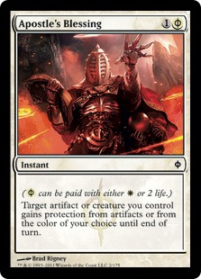 Apostle's Blessing
 ({W/P} can be paid with either {W} or 2 life.)
Target artifact or creature you control gains protection from artifacts or from the color of your choice until end of turn.